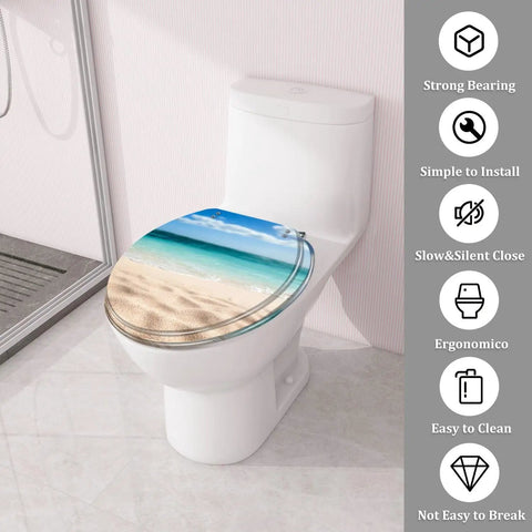 Tropical Paradise Round Toilet Seat With Gentle Soft Close Hinges And Easy Peasy Quick Swap Brackets Killer Beach Umbrella Vibe on a white toilet.