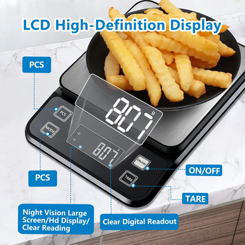 Waterproof Kitchen Scale With 0.1g Precision, 10kg Capacity, USB Rechargeable with Backlit Display Showing 807g of Fries