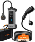 Level 1 And Level 2 40 Amp EV Charger With J1772, ETL Certified, 25 Foot Cable, 208-240V, Portable Wall Or Free Standing EV Charging Station, NEMA 14-50R Plug Adapter Included, showing charging unit, coiled cable, plug, and carrying case.