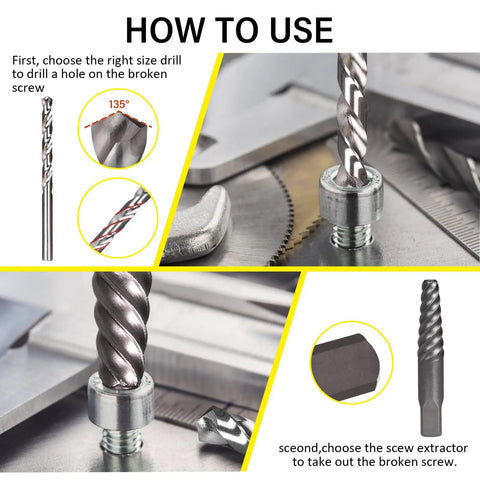 Instructional image showing use of Beast 26 Piece Screw And Bolt Extractor Set 3 In 1 Kit With Drill Bits And Socket Adapter.