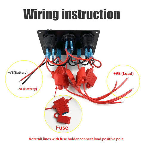 Blue 5 Gang Marine Rocker Switch Panel wiring with fuses and cables for 12V systems and outlets