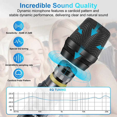 Dynamic mic with cardioid pattern, EQ tuning, featuring Four Pack Pro Grade Wireless Microphone System With Long Range 262 Feet, 40 Hour Battery