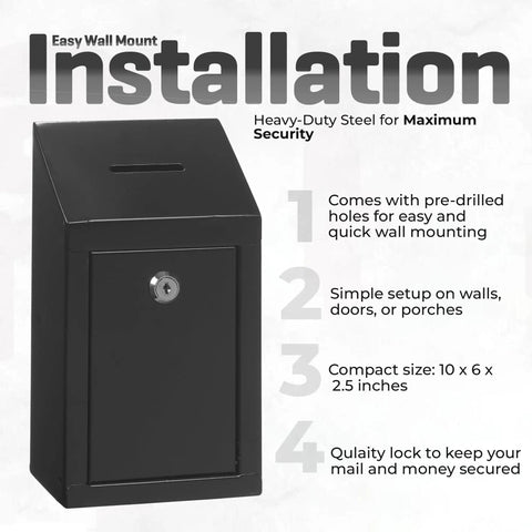 Heavy Duty Metal Donation Box With Slot And Lock For Cash Drops A No Nonsense Solution For Donations Suggestions Or Ballots Pre Drilled For Easy Wall Mounting Includes Two Keys Lightweight Yet Durable Black 10 By 6 By 2 And A Half Inch.