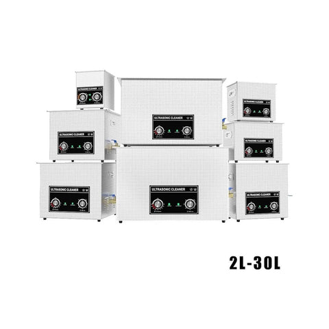 Multiple models of Top Shelf 30L Ultrasonic Cleaner With 600W Heater, Slick Touch Interface, Quick Digital Timer, And Heavy Duty Stainless Steel Basket.