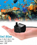Whisper Quiet 3W 50GPH Mini Submersible Water Pump For Small Fountains, shown in hand with vibrant aquarium background.