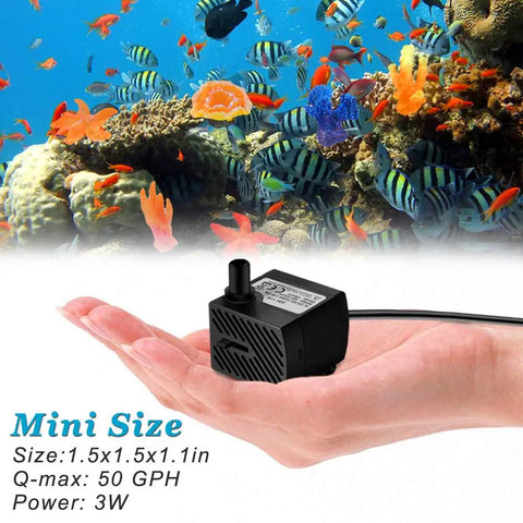 Whisper Quiet 3W 50GPH Mini Submersible Water Pump For Small Fountains, shown in hand with vibrant aquarium background.