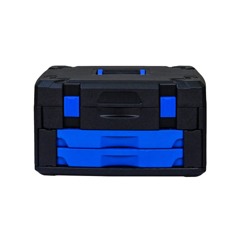 Durable Hand Tool Box With 266 Piece Universal Tool Set For Home And Garage, black and blue locking storage case front view