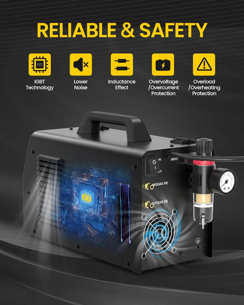 Beast 200A Plasma Cutter Welder Combo 7 In 1 Multi Process Welder showing safety features and gas input connections.