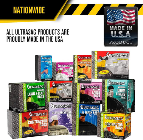 Variety of Ultratec made in USA trash bags, different sizes and types, with label display