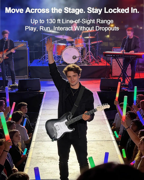 Guitarist on stage using Wireless Guitar System With Charging Case for Electric Guitar and Bass 2.4GHz Low Latency Digital Set