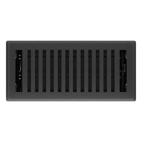 Montezuma 4 By 10 Inch Decorative Floor Register 5 Pack in black iron, front view of textured steel faceplate with airflow slots.