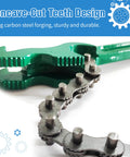 Close-up of concave-cut teeth design on heavy duty chain wrench set 3 piece adjustable oil filter chain wrenches, green handle.