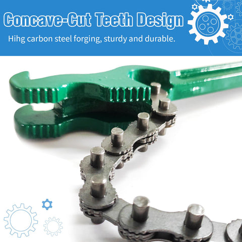 Close-up of concave-cut teeth design on heavy duty chain wrench set 3 piece adjustable oil filter chain wrenches, green handle.