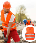 Construction worker wearing 60 Pack High Visibility Safety Vests With 2 Reflective Strips Orange Construction Workwear One Size Fits Most