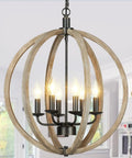 Six Light Orb Wood Chandelier With Rustic Oak Globe Frame Vintage Farmhouse Style Ceiling Light For Kitchen Living Room