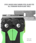 Pro Grade High Carbon Steel Razor Blades 100 Pack Refills displayed in utility knife setting, demonstrating compatibility.
