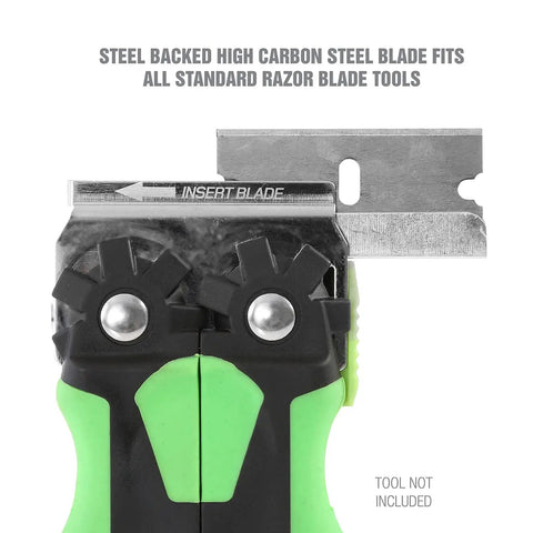 Pro Grade High Carbon Steel Razor Blades 100 Pack Refills displayed in utility knife setting, demonstrating compatibility.