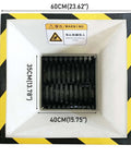 Front view of a biaxial shredder, white housing, black blade drum, and yellow-black safety border with warning label.