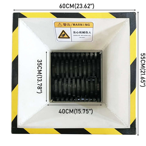 Front view of a biaxial shredder, white housing, black blade drum, and yellow-black safety border with warning label.