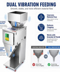 Smooth Operator Automatic Bag Weighing And Packing Filler With Dual Vibration Feed and Foot Pedal Switch for Dead On Measuring of Flours Grains Seeds and Dry Bulk Goods Under a Thousand Grams showing dual vibration feeding system.