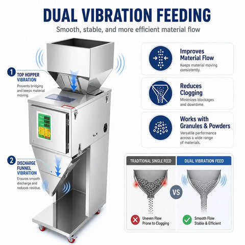 Smooth Operator Automatic Bag Weighing And Packing Filler With Dual Vibration Feed and Foot Pedal Switch for Dead On Measuring of Flours Grains Seeds and Dry Bulk Goods Under a Thousand Grams showing dual vibration feeding system.