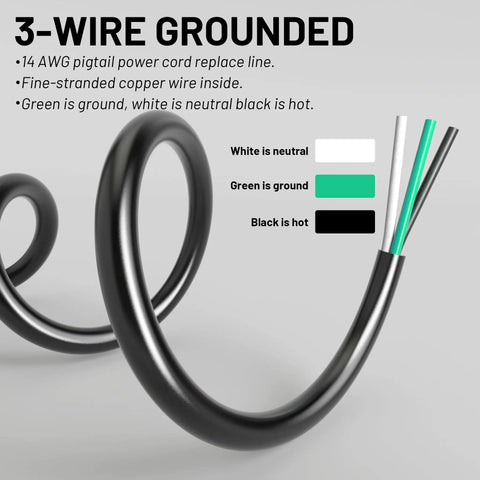 Heavy Duty 6 Ft 14 AWG 3 Prong Industrial Grade Appliance And Power Tool Cord With Open End Pigtail For Home Workshop Use NEMA 5 15P 125V 15A 1875W Black ETL Listed showing coiled wire with color-coded coating.