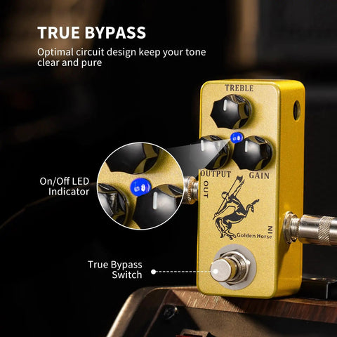 Golden Horse Overdrive Tone Pedal for Electric Guitar with True Bypass, showing treble and gain knobs and LED indicator
