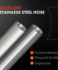 Image of stainless steel hose, corrosion-resistant, strong and durable, original size. Close-up view with text highlighting features.