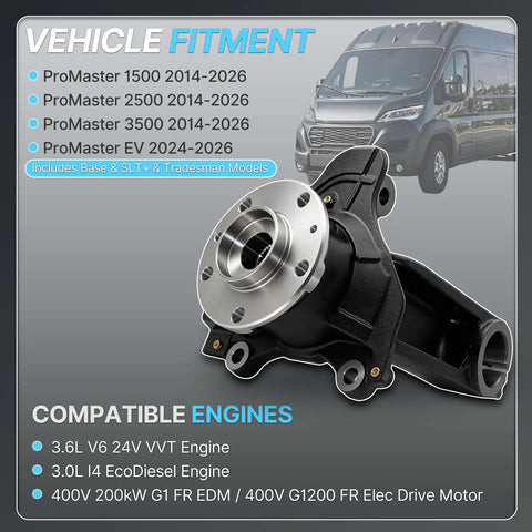 Front Right Steering Knuckle With Wheel Hub Assembly And Preinstalled Bearing For Ram ProMaster 1500 2500 3500, showing vehicle fitment details.