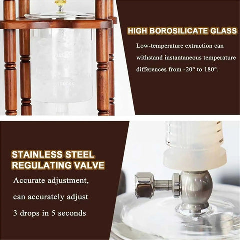 Big Batch Cold Brew Coffee Maker With Adjustable Stainless Steel Dripper And Roomy Borosilicate Glass Carafe detailing glass and valve features.