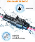 Waterproof 2 Pin Automotive Wiring Connector Kit With 16 AWG 2 Wire Plugs And Heat Shrink Tubing IP68 Seal demonstrating waterproof feature.