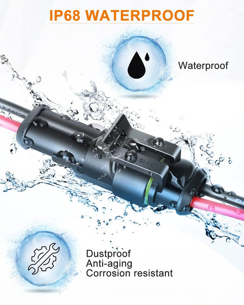 Waterproof 2 Pin Automotive Wiring Connector Kit With 16 AWG 2 Wire Plugs And Heat Shrink Tubing IP68 Seal demonstrating waterproof feature.