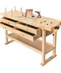 60 Inch Rubber Wood Workbench With Four Drawers Heavy Duty Portable Wood Work Table for Garage Workshop and Home Storage