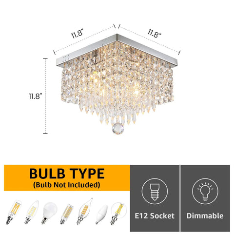 Crystal Chandelier For Hallways And Entryways, Modern Square Flush Mount Ceiling Light Fixture With Four Lights, dimensions shown