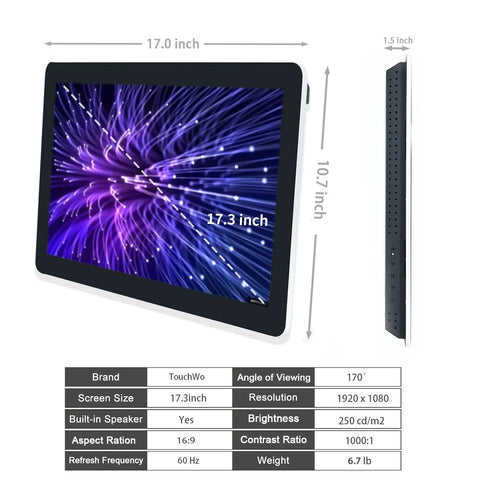 Big Time 17.3 Inch Android 12 Touchscreen Monitor Tablet With FHD 1080p Display, Wifi And Bluetooth, 4GB Ram Storage, side and front view