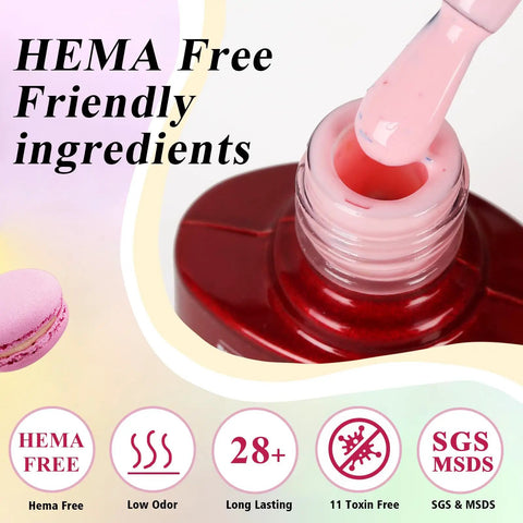 Close-up of pink polish from Pastel Gel Nail Polish Set With Glitter Flakes, 6 Macaron Colors In 8ml Bottles, Hema Free