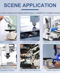 Scene application with equipment for mobile correction, laser displacement, detection, adjustment, fiber optic core, and optical alignment.