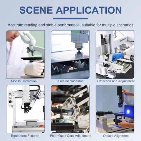 Scene application with equipment for mobile correction, laser displacement, detection, adjustment, fiber optic core, and optical alignment.