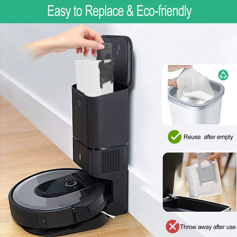 Reusable Roomba Vacuum Bags For Everyday Cleaning Compatible With I7 I7 Plus I3 I3 Plus I4 I4 Plus I6 I6 Plus I8 I8 Plus J7 J7 Plus S9 S9 Plus Automatic Dirt Disposal Bags 10 Pack shown in use