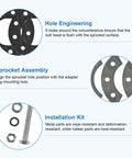 Visual guide showing the 9 Holes Sprocket Mount Kit for 49cc 66cc 80cc motorized bicycles with backing plates and washers.