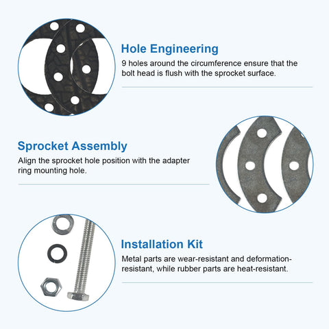 Visual guide showing the 9 Holes Sprocket Mount Kit for 49cc 66cc 80cc motorized bicycles with backing plates and washers.