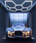 Hexagon Beast Mode Bright Garage Lights 192W 21,000LM LED Panels With 5 Grid Honeycomb Design 7000K over car in garage
