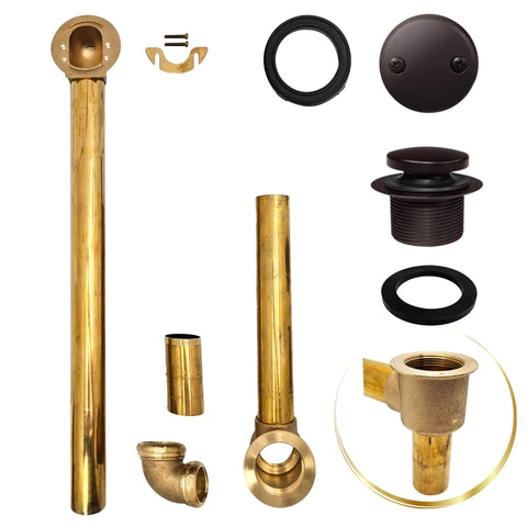 Heavy Duty 17 Gauge Brass Bathtub Drain Assembly Featuring A Tip Toe Drain Closure And Smooth Oil Rubbed Bronze Trim for plumbing details.