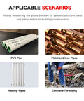 Image depicting applicable scenarios for the Pipe Blockage Detector And Locator Provides Accurate Positioning, 30M 100ft Magnetic Pipeline Sensor For Metal And PVC Water Lines, Clog Tool With Waterproof Probe, Workhorse Tool For Home Or Pros, including PVC, metal, and heating pipes, and concrete threading.