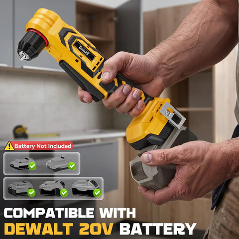 Cordless Right Angle Drill With Brushless Motor Compatible With Dewalt 20V Battery Delivering 400 Inch Pounds Torque in hand, detailed view.