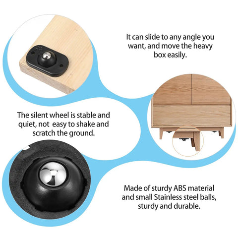 16 Piece Self Adhesive Caster Wheels Set With 360 Degree Swivel, close-up of ABS mini wheels attached under wooden shelf