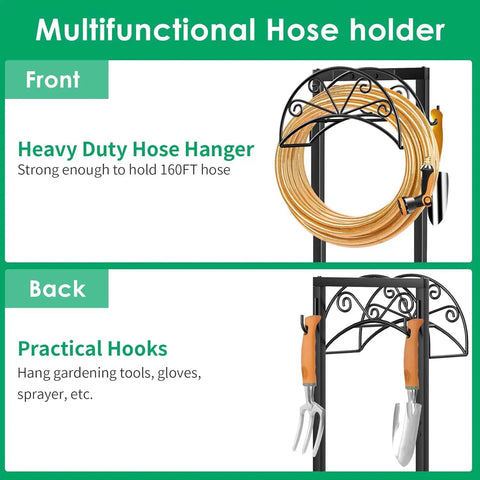 Front and back view of Heavy Duty Garden Hose Holder With Freestanding Steel Frame Holds Up To 160 Feet Of Hoses 4 Spikes Hose Reel Sturdy Outdoor Hose Storage Stand For Yard And Lawn.