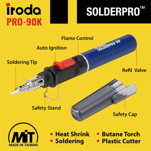 SolderPro 90K Professional Butane Soldering Iron Kit with safety cap, showcasing soldering tip and controls, Taiwan made.