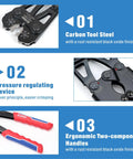 Pro Grade Battery Cable Terminal Crimping Tool Kit with Cutter and Wire Stripper features carbon steel, pressure regulation, ergonomic handles.