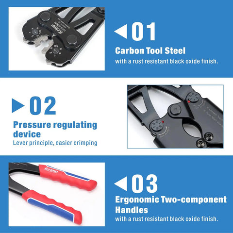 Pro Grade Battery Cable Terminal Crimping Tool Kit with Cutter and Wire Stripper features carbon steel, pressure regulation, ergonomic handles.